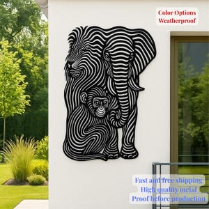 May include: Black and white metal wall art featuring a lion, elephant, and monkey. The artwork has a striped design and is mounted on a white wall. The text "Color Options Weatherproof" is visible.