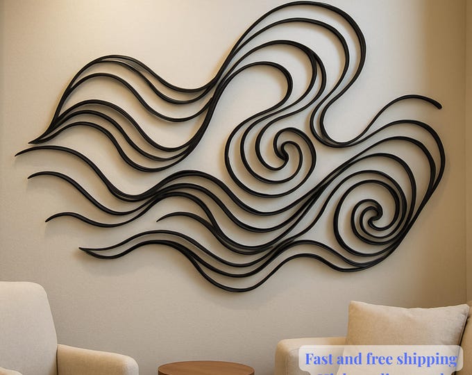 Black Metal Wave Wall Art, Abstract Fluid Sculpture