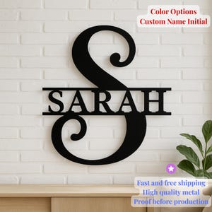 Letrero de metal personalizado con monograma y letra cursiva con apellido, cortado a láser, arte de pared de metal negro, letrero de apellido personalizado, regalo para boda