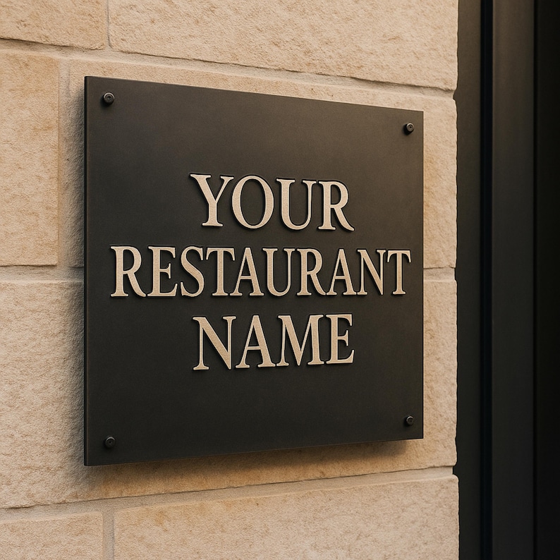 May include: A black rectangular sign with the words "YOUR RESTAURANT NAME" in a serif font. The sign is mounted on a light-colored stone wall with four screws in each corner.
