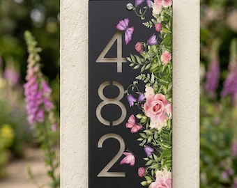Personalized Metal Address Sign UV printed Wildflowers Custom Vertical House Number Plaque Weatherproof