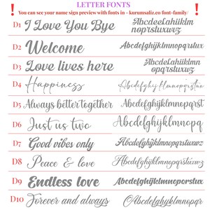 May include: A chart displaying various letter fonts for name signs. The fonts are labeled D1 through D10, with examples like "I Love You Bye" and "Welcome." Each font is accompanied by a sample alphabet in a cursive style, showcasing the font's design.