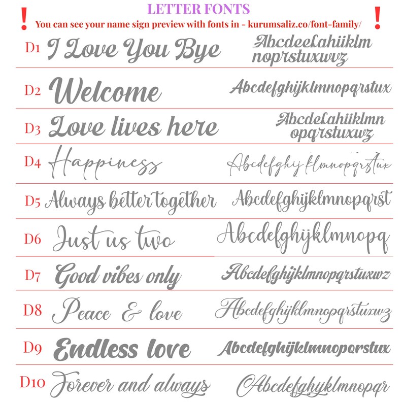 May include: A chart displaying various letter fonts for name signs. The fonts are labeled D1 through D10, with examples like "I Love You Bye" and "Welcome." Each font is accompanied by a sample alphabet in a cursive style, showcasing the font's design.
