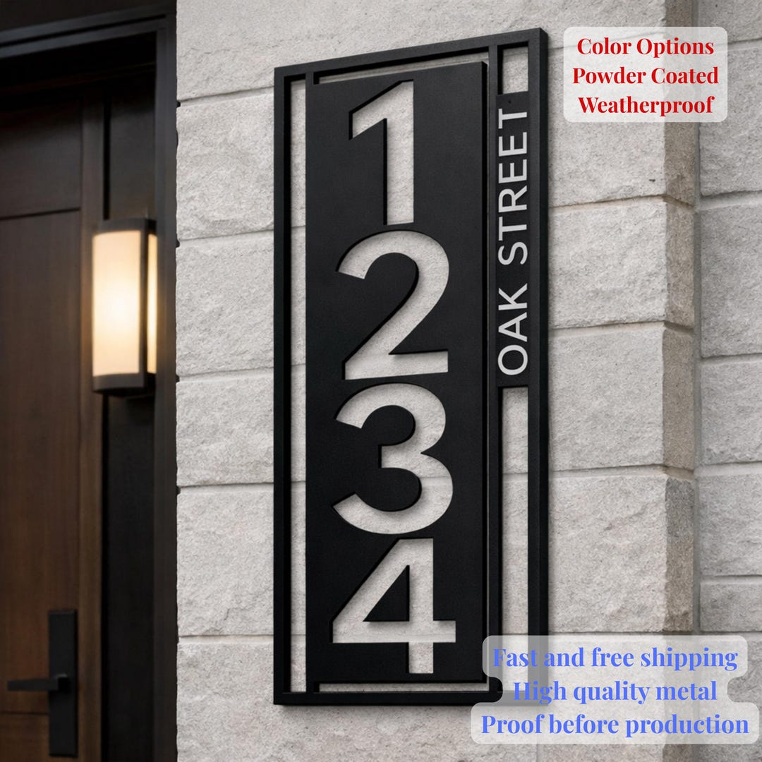 Custom Modern Metal Address Sign, Vertical House Numbers Plaque ...