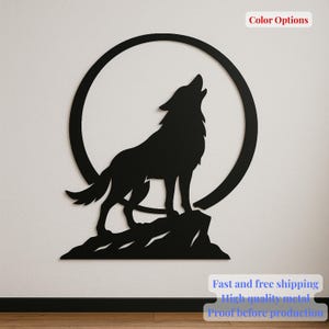 Decorazione murale in metallo con lupo ululante e luna, taglio laser, in acciaio nero, personalizzata, sagoma di animale in metallo, decorazione rustica, natura, cartello per la fauna selvatica, regalo di inaugurazione della casa