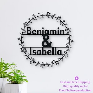 Placa de nome de metal personalizada, decoração de parede com monograma, arte de parede em metal, placa de sobrenome, placa de nome de família, presente de casamento personalizado, arte em metal personalizada