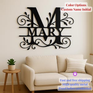 Letrero de pared de metal con monograma personalizado, nombre de familia personalizado, inicial decorativa, corte láser, diseño floral en espiral, arte de pared de acero negro, decoración del hogar