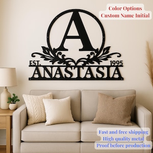 Letrero de metal con nombre de familia personalizado, monograma, letra, arte de pared con fecha, apellido personalizado, decoración cortada a láser, letrero de metal para el hogar, regalo para boda