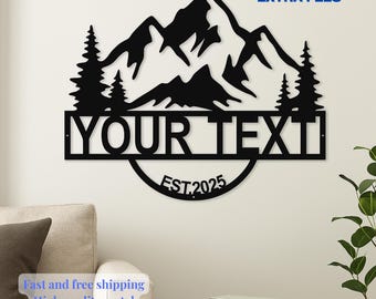 Personalized Mountain Metal Sign: Custom Family Name, Cabin Decor