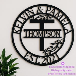 Placa de nome de metal personalizada, arte de parede de metal personalizada, placa de nome de família, presente de inauguração de casa para casal, cabide de porta, presente de aniversário