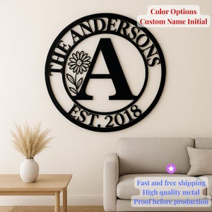 Letrero de metal con monograma, letra personalizada con diseño floral, arte mural con nombre familiar personalizado, letrero de metal cortado con láser, regalo de boda o inauguración de la casa