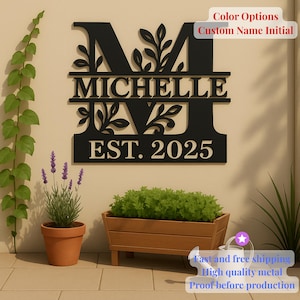 Letrero de metal personalizado con nombre para exteriores, letra monograma con apellido y fecha de EST, cortado a láser, decoración floral para pared, porche, patio, entrada, inauguración de la casa