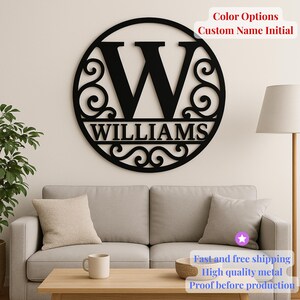 Letrero de pared de metal con monograma, letra personalizada con apellido, diseño de espiral, redondo, cortado a láser, arte de pared de metal, letrero con nombre personalizado para entrada
