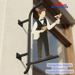 May include: A black metal sign featuring a stylized waiter holding a coffee cup and a martini glass. The sign includes the text "NO CUSTOMS EXTRA FEES" and "Fast and free shipping High quality Proof before production".