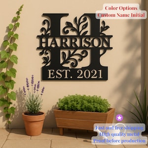 Placa de metal personalizada para exterior com nome, monograma, letra, nome da família e data de nascimento, corte a laser, decoração de parede floral, varanda, pátio, entrada, inauguração de casa