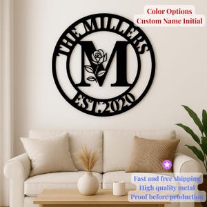 Letrero metálico con monograma personalizado y diseño floral, arte mural con nombre familiar personalizado, letrero metálico cortado con láser, regalo de boda o inauguración de la casa.