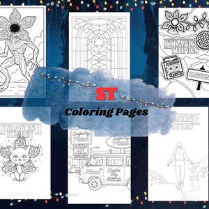 May include: A collection of black and white coloring pages featuring imagery from the television show "Stranger Things." The pages include illustrations of characters, scenes, and the show's logo. The text "ST Coloring Pages" is also visible.