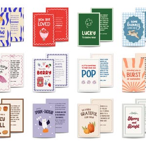 Puede incluir: Una colecci&oacute;n de tarjetas de felicitaci&oacute;n con varios dise&ntilde;os y mensajes. Las tarjetas presentan frases como "Cheers to a New Beginning", "You are Loved" y "Merry and Bright". Los dise&ntilde;os incluyen un conejito, una calabaza y un tarro de bayas.