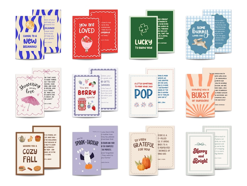 Puede incluir: Una colecci&oacute;n de tarjetas de felicitaci&oacute;n con varios dise&ntilde;os y mensajes. Las tarjetas presentan frases como "Cheers to a New Beginning", "You are Loved" y "Merry and Bright". Los dise&ntilde;os incluyen un conejito, una calabaza y un tarro de bayas.