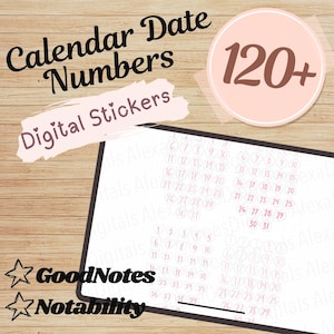 May include: A digital planner sticker set with pink numbers 1 through 31 in a circle. The numbers are on a white background. The text 'Calendar Date Numbers 120+ Digital Stickers' is in a pink font on a white background. The text 'GoodNotes' and 'Notability' are in a black font on a white background with a pink star next to each. The text 'als Alex' is repeated multiple times in a light pink font on a white background.