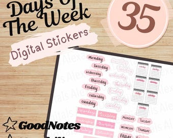 Days of the Week, Pink Aesthetic, Digital Stickers, Digital Planner, Individual Pre-cropped PNGs, GoodNotes Sticker Book, Notability