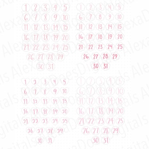 May include: Four sets of pink numbers 1 through 31 in white circles, white hearts, and white cloud shapes. The numbers are arranged in a grid pattern.
