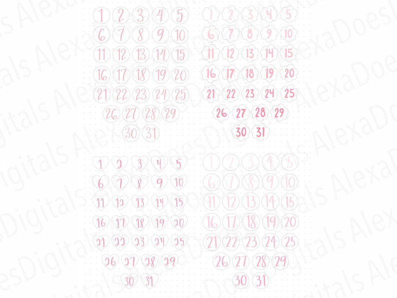 May include: Four sets of pink numbers 1 through 31 in white circles, white hearts, and white cloud shapes. The numbers are arranged in a grid pattern.