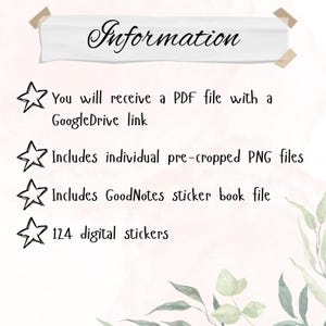 May include: A white background with a pink and white floral pattern.  The text 'Information' is at the top of the image.  Four bullet points with a star symbol are listed below the text.  The bullet points list the following information: You will receive a PDF file with a GoogleDrive link, Includes individual pre-cropped PNG files, Includes GoodNotes sticker book file, 124 digital stickers.