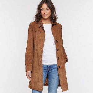 Trench-coat en cuir véritable marron pour femmes en cuir suédé, Manteau en cuir de daim véritable pour femmes occidentales, Manteau pour femme en cuir de moto en daim marron fait main