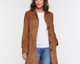 Wildleder Damen Braun Echt Leder Trenchcoat, Echte Wildleder Mantel aus Echtleder, Braun Handgefertigter Wildleder Moto Leder Damen Mantel