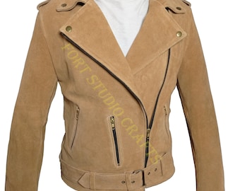 Leather Jacket, Genuine Suede Leather Jacket, Beige Women Biker Leather Jacket, Handmade Women Motorcycle Jacket, Personalized Gift For Her