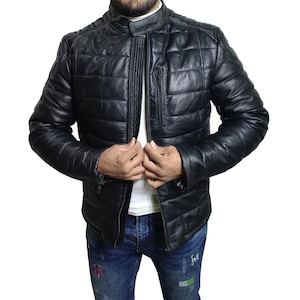 Blouson en cuir matelassé noir pour homme, veste matelassée motard mode en cuir véritable pour homme, veste d'hiver en cuir noir pour homme cadeau de Noël