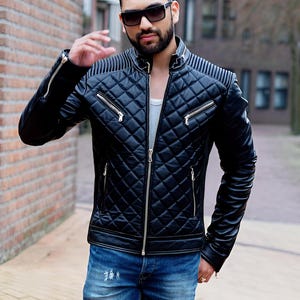 Blouson en cuir matelassé noir pour homme, veste matelassée motard mode en cuir véritable pour homme, veste d'hiver en cuir noir pour homme cadeau de Noël
