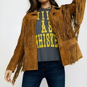Western Brown Suede Leather Wear Fringe Jacket For Women, Tan Western Fringes Leather Jacket, Suede Fringed Leather Tassel Jacket