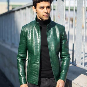 Blouson motard pour hommes en cuir de crocodile, Blouson en cuir pour hommes embossé crocodile fait main