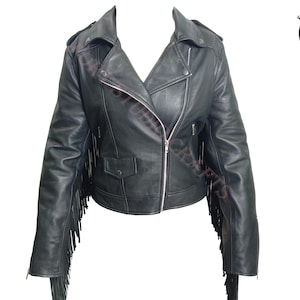 Black Leather Jacket, Real Sheepskin Women Fringe Leather Jacket, Western Leather Jacket, Tassel Biker Leather Jacket, Black Fringed Jacket