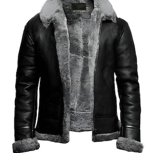 Bomber Lederjacke, Fliegerjacke, Faux Fur Shearling Winter Leder Pilotjacke, Echtleder Schwarz Lederjacke