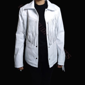 Fringe Leather Jacket, White Leather Jacket, Fringed Real Sheep Leather Jacket, Fashion Leather Biker Fringed Jacket For Women Gift For Her