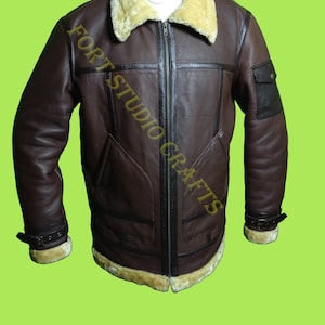 Genuine Leather Jacket Men, Real Leather Faux Fur Shearling Brown Men Jacket, Personalized Name Winter Bomber  Jacket Christmas Gift For Him