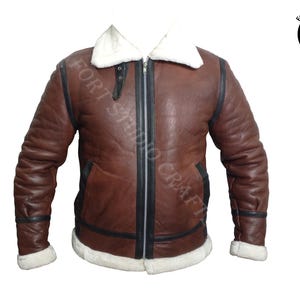 Flying Aviator Jacket, Bomber Faux Fur Shearling Winter Leather Pilot Jacket, Real Leather Fur Lined Reddish Brown Handmade Jacket For Men's