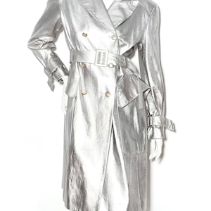 Trench-coat en cuir véritable pour femme, manteau long en cuir argenté pour femme, cadeau de Noël pour manteau fait main