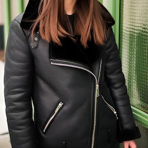 Women&#39;s Real Sheep Leather Aviator Pilot Raf B3 Bomber Jacket, Faux Fur Lined Women Leather Jacket , Black Handmade Winter Leather Jacket