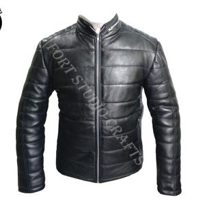 Giacca in pelle imbottita nera da uomo, giacca trapuntata da motociclista alla moda in vera pelle da uomo, giacca invernale in pelle nera per uomo, regalo di Natale