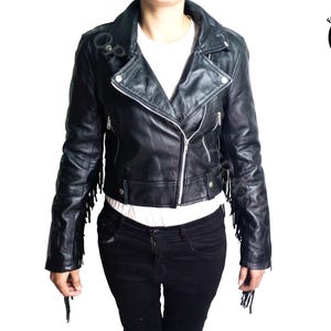 Real Leather Jacket, Black Leather Fringe Motorcycle Jacket For Women, Fashion Leather Women Fringed Tassel Jacket Western Custom Jacket