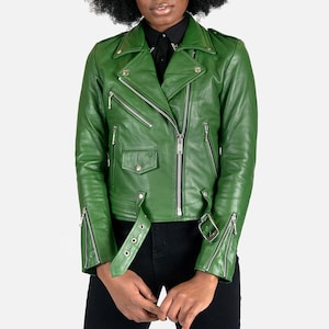 Blouson en cuir véritable, veste motard en cuir de mouton originale faite main pour femme, veste de moto en cuir vert Cafe Racer cadeau pour elle