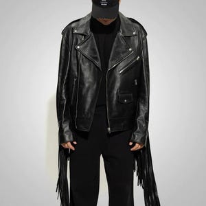 Blouson en cuir véritable, Blouson motard de cow-boy en cuir à franges noir, Blouson en cuir à franges pour hommes, Blouson de moto en cuir western pour hommes