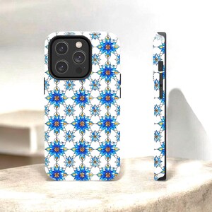 Phone Case, Stained Glass Blue Snowflake Flowers Pattern, White Background, Light Airy Vibrant, Protective Tough Shell Cover, Unique Gift,