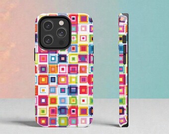 Funda para teléfono con cuadrados geométricos coloridos y diseño de píxeles retro vibrantes