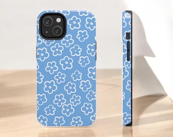 Floral Phone Cases, White Flowers on Blue Background, Protective Phone Cover, Tough Case, Gift for Her, Floral Accessories