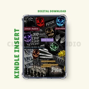 Könnte beinhalten: Kindle-Einsatz mit einem Collage-Design aus Neonmasken, Text und Grafiken. Das Design enthält die Wörter "PSYCHO", "MAFIA" und "FIGHT" zusammen mit anderen Phrasen und einem Schachbrett. Der Einsatz ist mit "DIGITALER DOWNLOAD" gekennzeichnet.
